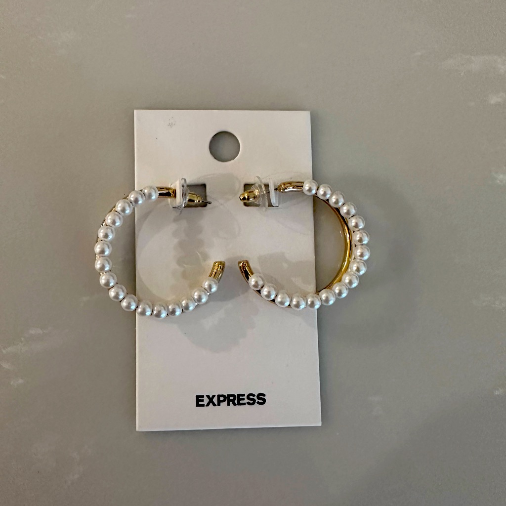 Brand New Express Brand Faux Pearl And Gold Hoop Earrings